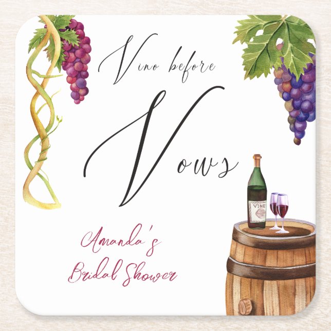 Vino Before Vows Winery Bridal Shower Decor Square Paper Coaster (Front)
