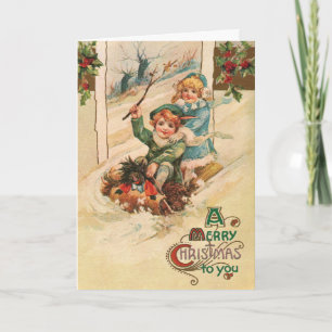 Vintag Merry Christmas, Children on Sleigh Holiday Card