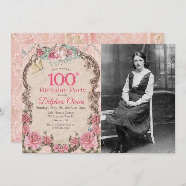 Vintage 100th Centenarian  Birthday Invitation (Front/Back)