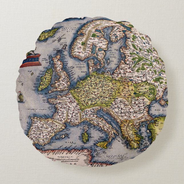 Vintage 1572 Map of Europe Round Pillow (Front)