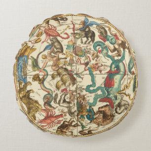 Vintage 1660 Southern Hemisphere Star Map Round Cushion