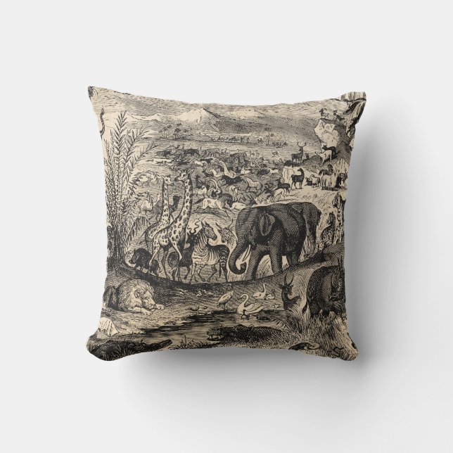 Vintage 1800s African Animal Illustration Animals Cushion (Front)