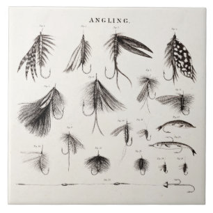 Vintage 1800s Angling Fly Fishing Flies Old Hooks Ceramic Tile