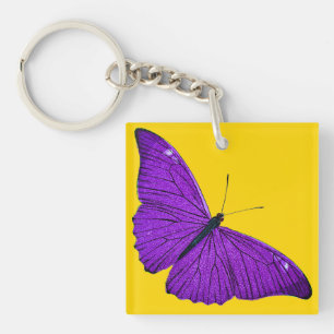 Vintage 1800s Dark Purple Butterfly on Yellow Key Ring