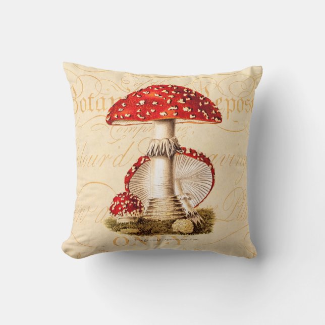 Vintage 1800s Mushroom Red Mushrooms Template Cushion (Front)
