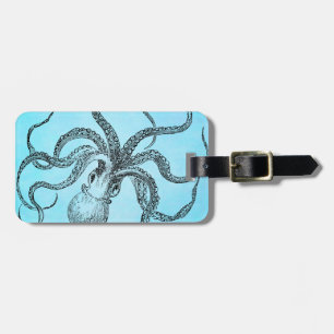 Vintage 1800s Octopus on Teal Blue Watercolor Luggage Tag