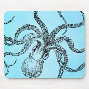Vintage 1800s Octopus on Teal Blue Watercolor Mouse Pad