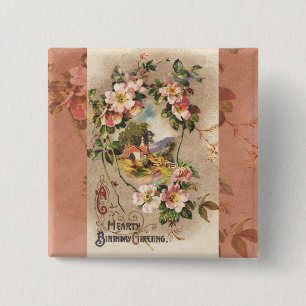 Vintage 1800s Victorian Birthday Floral Country 15 Cm Square Badge