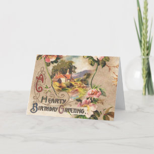 Vintage 1800s Victorian Birthday Floral Country Card