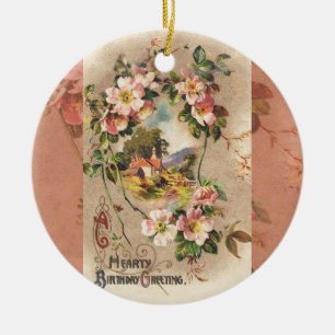 Vintage 1800s Victorian Birthday Floral Country Ceramic Tree Decoration