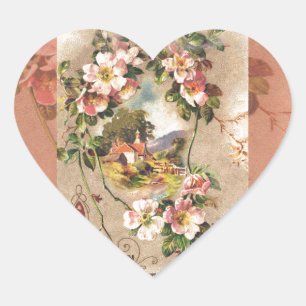 Vintage 1800s Victorian Birthday Floral Country  Heart Sticker