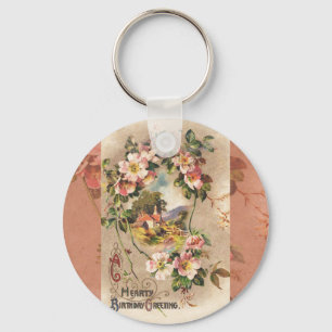Vintage 1800s Victorian Birthday Floral Country Key Ring
