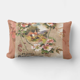 Vintage 1800s Victorian Birthday Floral Country Lumbar Cushion