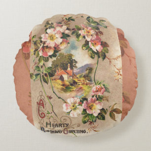 Vintage 1800s Victorian Birthday Floral Country Round Cushion
