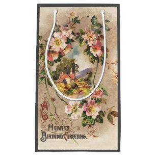 Vintage 1800s Victorian Birthday Floral Country Small Gift Bag