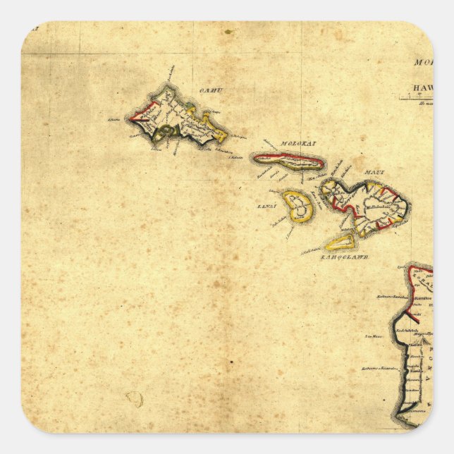 Vintage 1837 Hawaii Map -  Hawaiian Islands Square Sticker (Front)