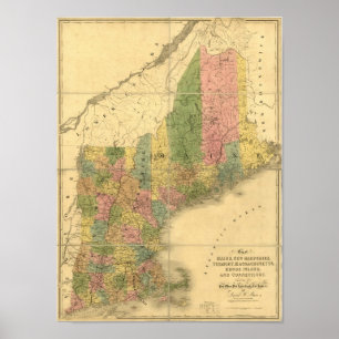 Vintage 1839 New England Map Poster
