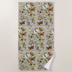 Vintage 1842 Butterfly Moth Botanical Floral Art Beach Towel