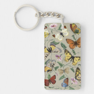 Vintage 1842 Butterfly Moth Botanical Floral Art Key Ring