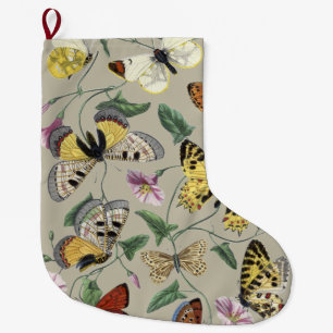 Vintage 1842 Butterfly Moth Botanical Floral Art Large Christmas Stocking