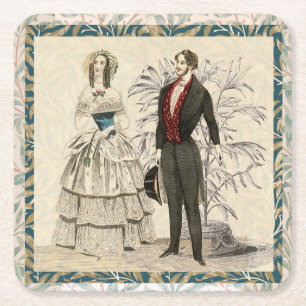 Vintage 1844 Victorian Wedding Illustration Square Paper Coaster