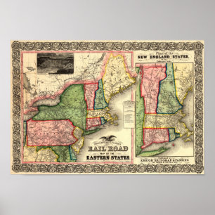 Vintage 1856 New England Rail Map Poster