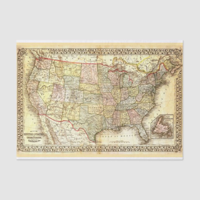 Vintage 1861 - 1889 USA Map Tissue Paper (Front)