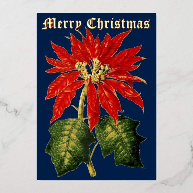 Vintage 1867 Poinsettia Christmas Foil Holiday Card (Front)
