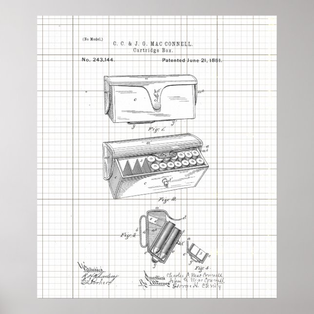 Vintage 1881 Ammo Cartridge Box Patent Poster (Front)