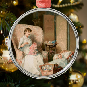 Vintage 1888 Mother and Baby, Restored Christmas Metal Ornament