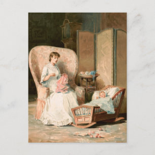 Vintage 1888 Mother and Sleeping Baby, Restored Postcard