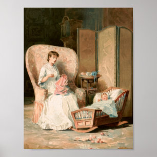 Vintage 1888 Mother and Sleeping Baby, Restored Poster