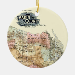 Vintage 1890 Map of Marin County Ceramic Tree Decoration