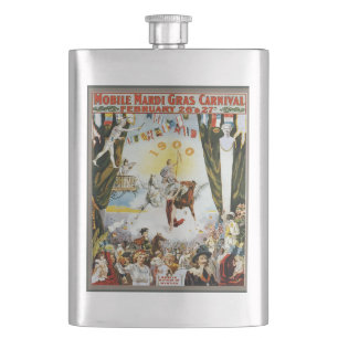 Vintage 1900 Mobile Mardi Gras Carnival Poster Art Hip Flask