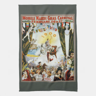 Vintage 1900 Mobile Mardi Gras Carnival Poster Art Tea Towel
