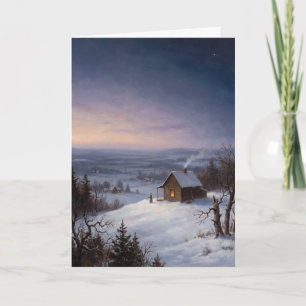 Vintage 1900s Christmas Eve Cabin Oil Painting Holiday Card