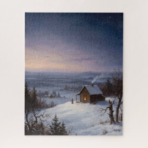 Vintage 1900s Christmas Eve Cabin Oil Painting Jigsaw Puzzle