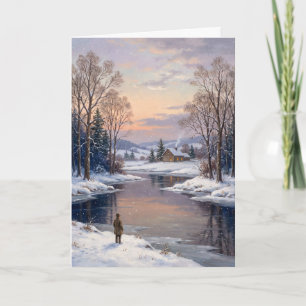 Vintage 1900s Winter River & Cabin Christmas Paint Holiday Card