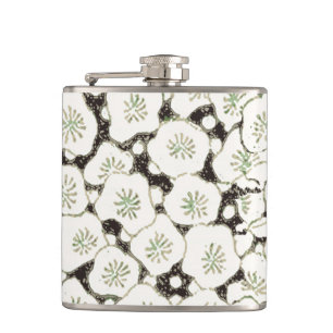 Vintage 1902 Japanese Floral: Black White Blossom  Hip Flask