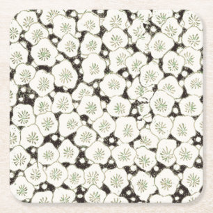 Vintage 1902 Japanese Floral: Black White Blossom Square Paper Coaster