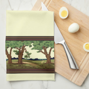 Vintage 1905 Arts And Crafts Style Oak Landscape Tea Towel