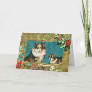 Vintage 1908 Collie Dogs Gold Happy Christmas Holiday Card