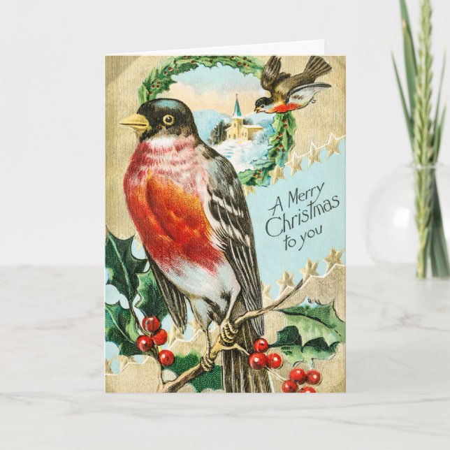 Vintage 1908 Robin Bird Merry Christmas Holiday Card (Front)