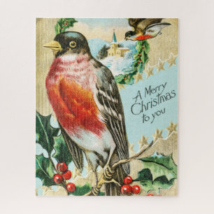 Vintage 1908 Robin Bird Merry Christmas Jigsaw Puzzle