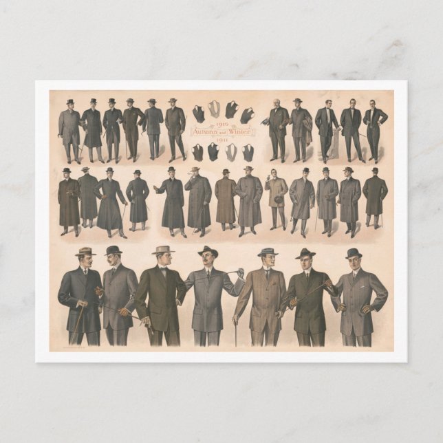 Vintage 1910 Men's Fashions Chart of Suits Postcard (Front)