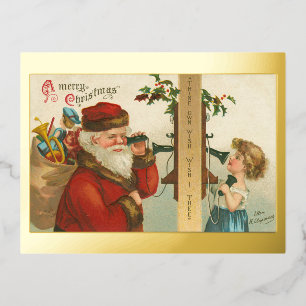 Vintage 1910s Little Girl Calling Santa Christmas Foil Holiday Postcard