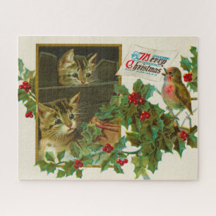 Vintage 1911 Cats with Bird Merry Christmas Jigsaw Puzzle