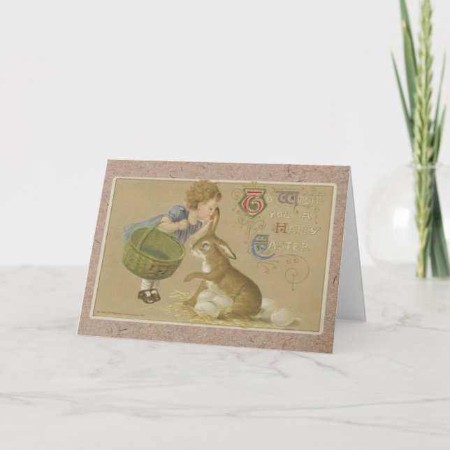 Vintage 1911 Happy Easter Bunny and Girl Card (Front)