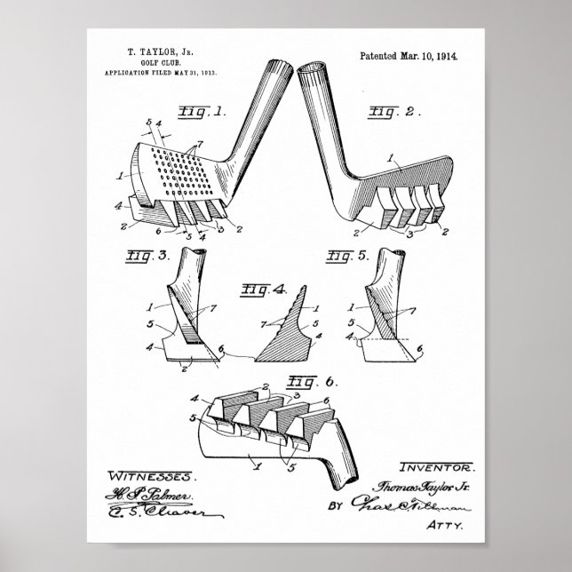 Vintage 1914 Golf Club Design Patent Art Print (Front)