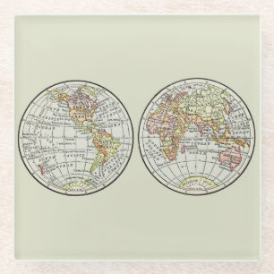 Vintage 1916 World Map Globe Hemispheres Poster Glass Coaster